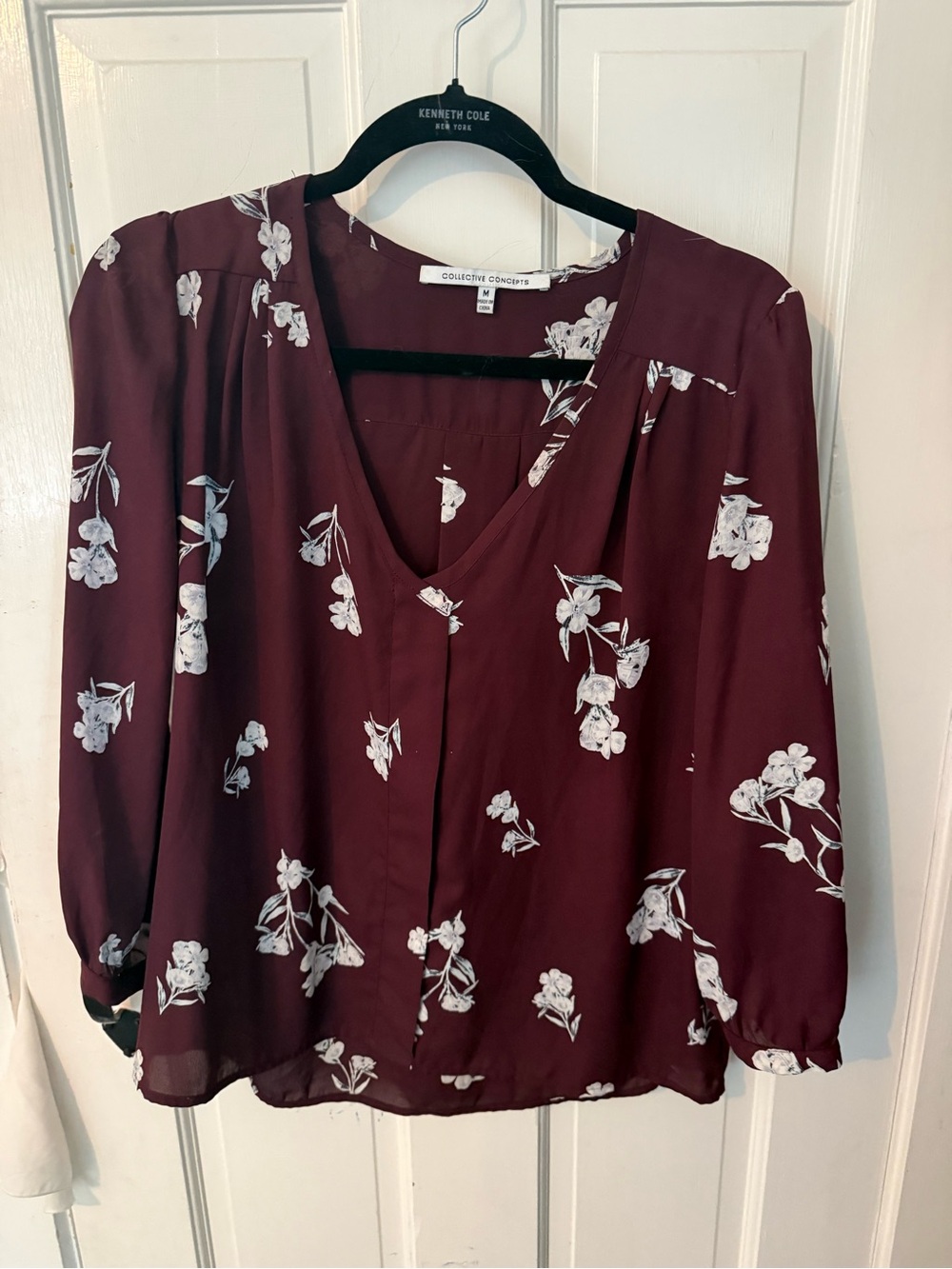 Collective Concepts Burgundy Floral V-Neck Long Sleeve Blouse